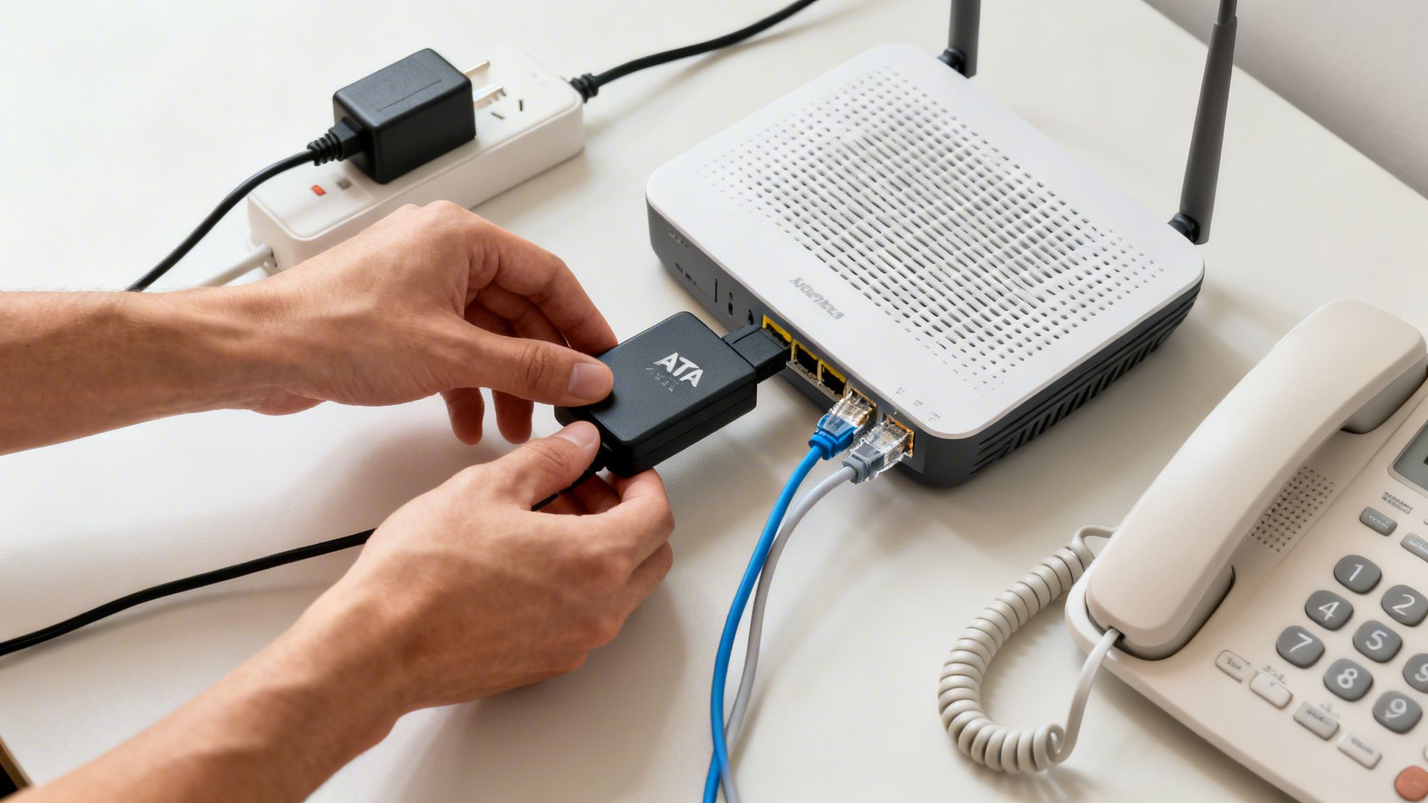 Hands connecting a black ATA adapter to a white internet router for a VoIP phone setup.