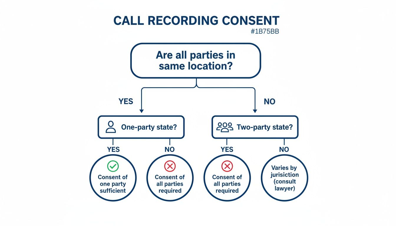 Flowchart detailing call recording consent requirements based on party location and state laws (one-party vs. two-party consent).