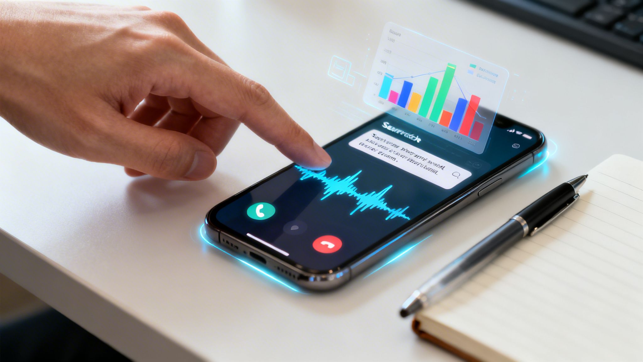 A hand interacts with a smartphone displaying a voice call waveform and a holographic business chart.
