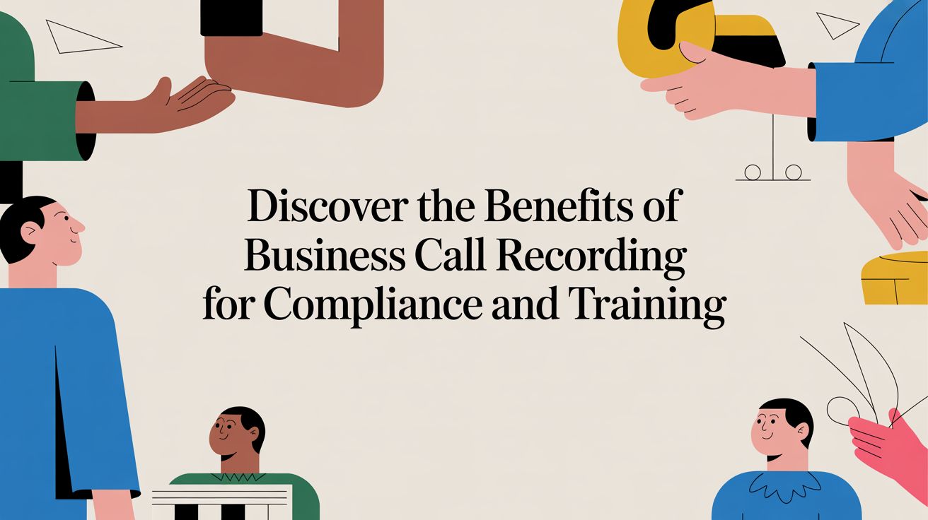Illustration of diverse people and abstract shapes surrounding the text: Discover the Benefits of Business Call Recording for Compliance and Training on a light background.