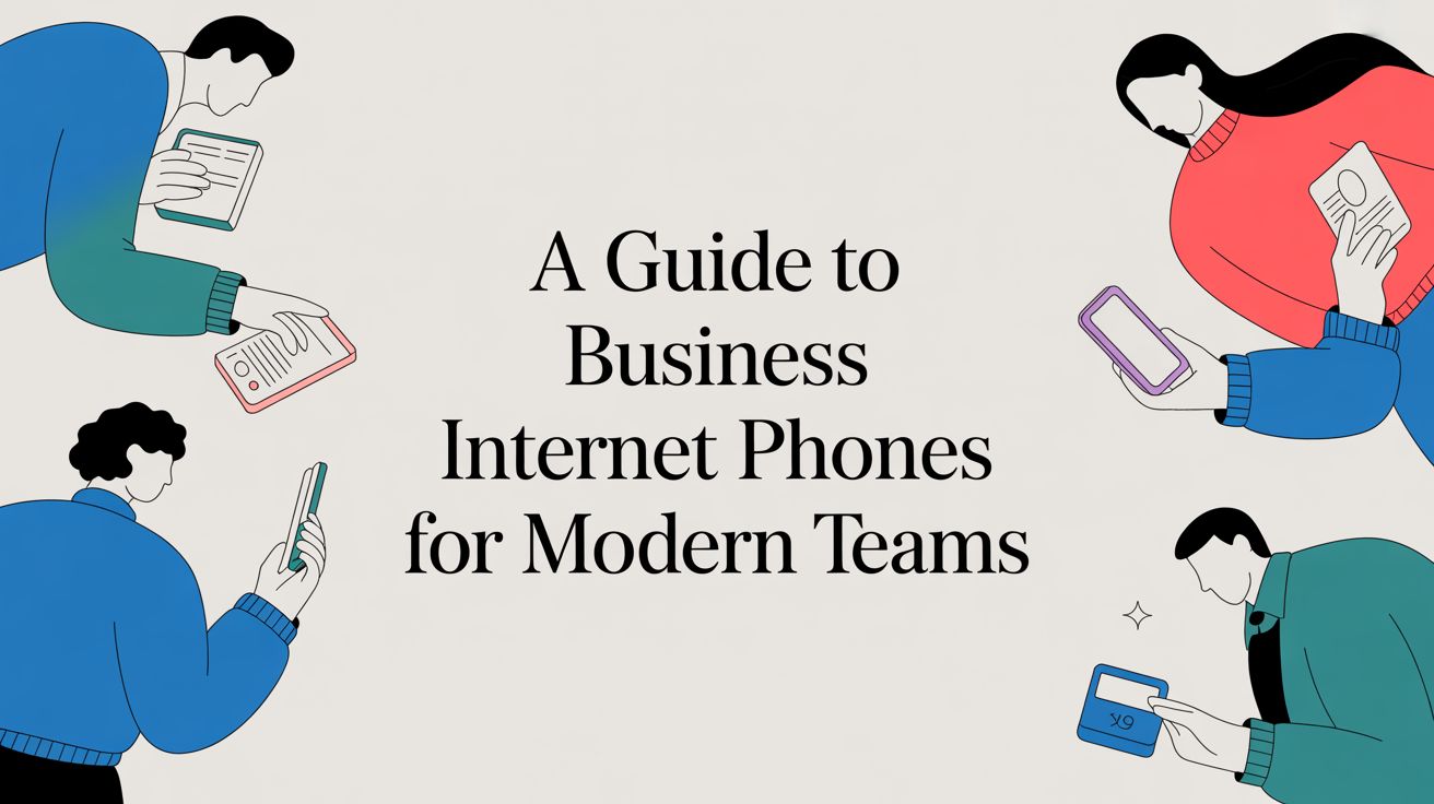 Four illustrated people using digital devices surround the text: A Guide to Business Internet Phones for Modern Teams on a light background.