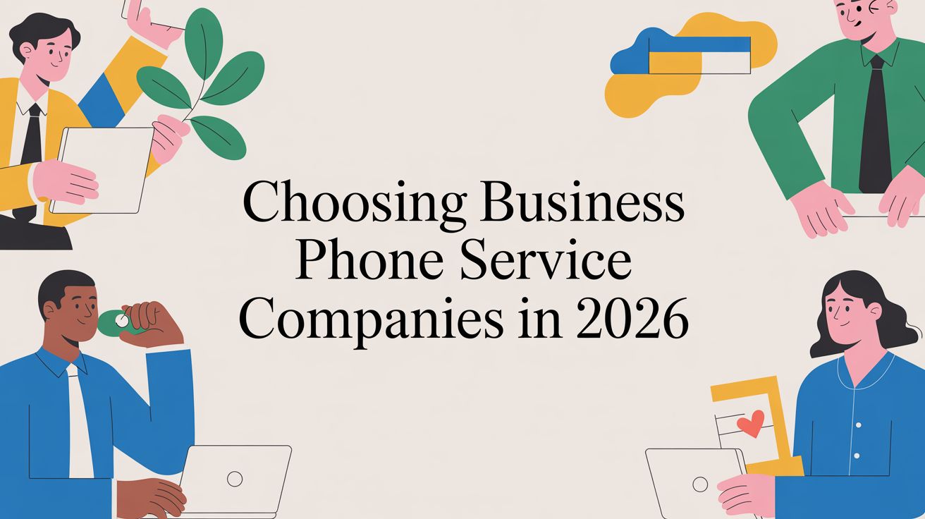 Illustration of four diverse business people working with laptops and documents around the text Choosing Business Phone Service Companies in 2026 on a light background.