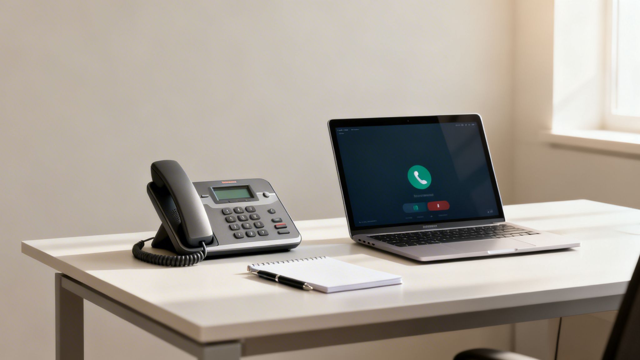 A modern office desk with a black desk phone, a laptop showing an incoming call, a notepad, and a pen, bathed in soft light.