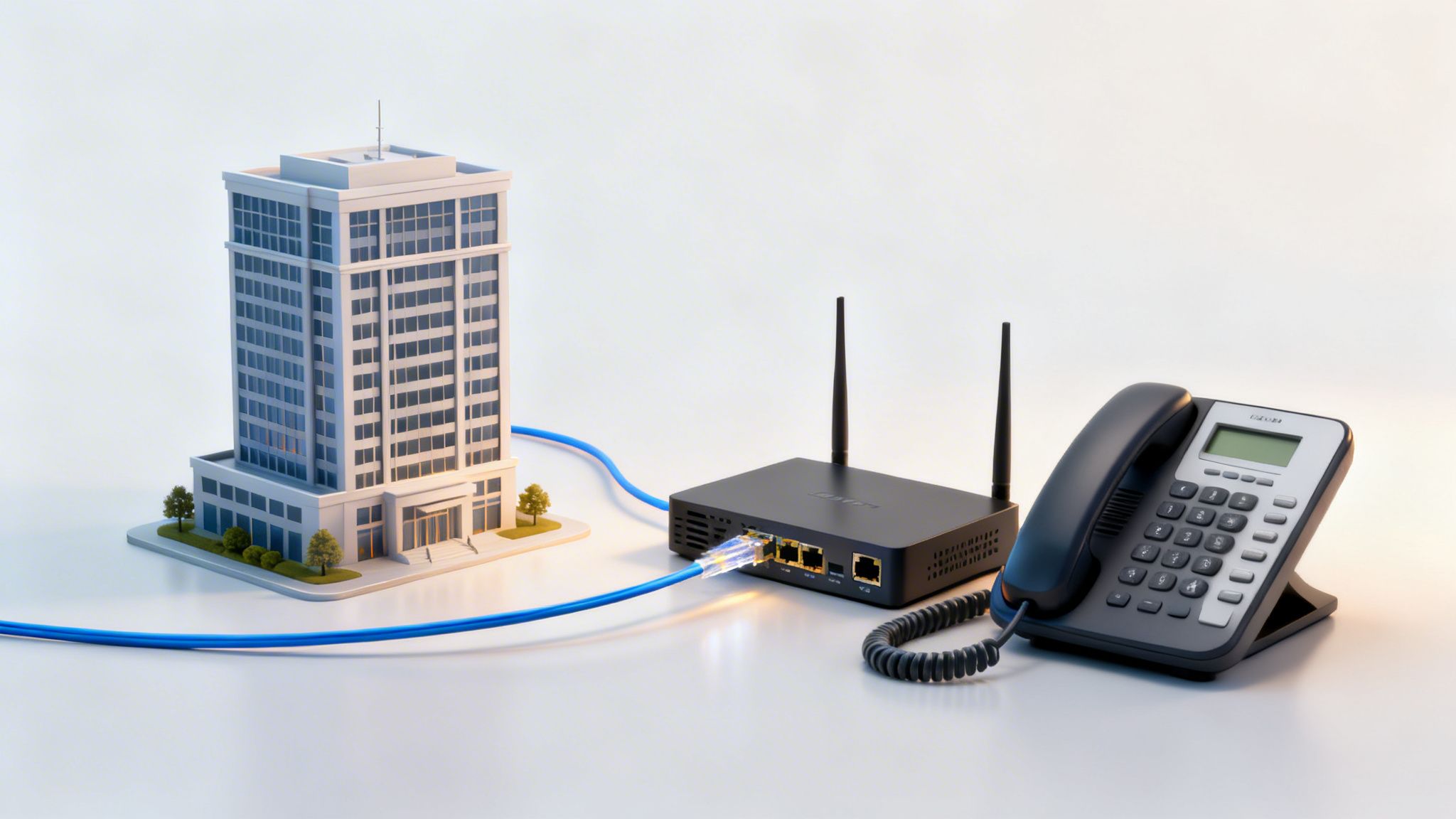 A miniature office building connected via a blue Ethernet cable to a router and a desk phone.