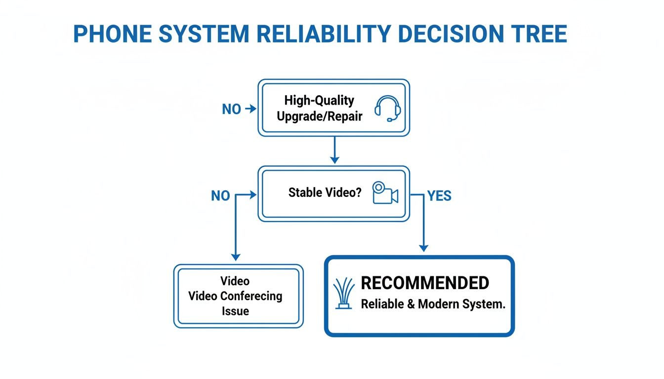 A decision tree flowchart illustrating steps for phone system reliability, covering upgrades, stable video, and recommendations.