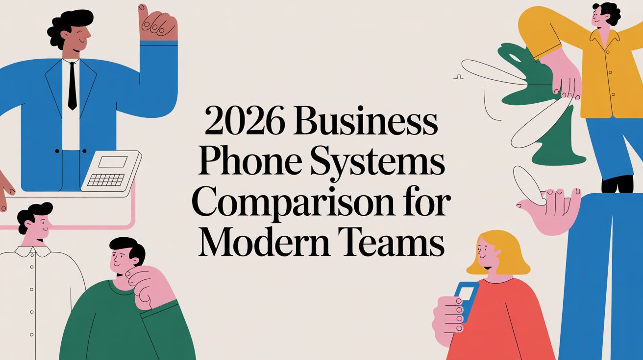 Illustration of diverse people holding phones and talking, surrounding the text: 2026 Business Phone Systems Comparison for Modern Teams on a light background.