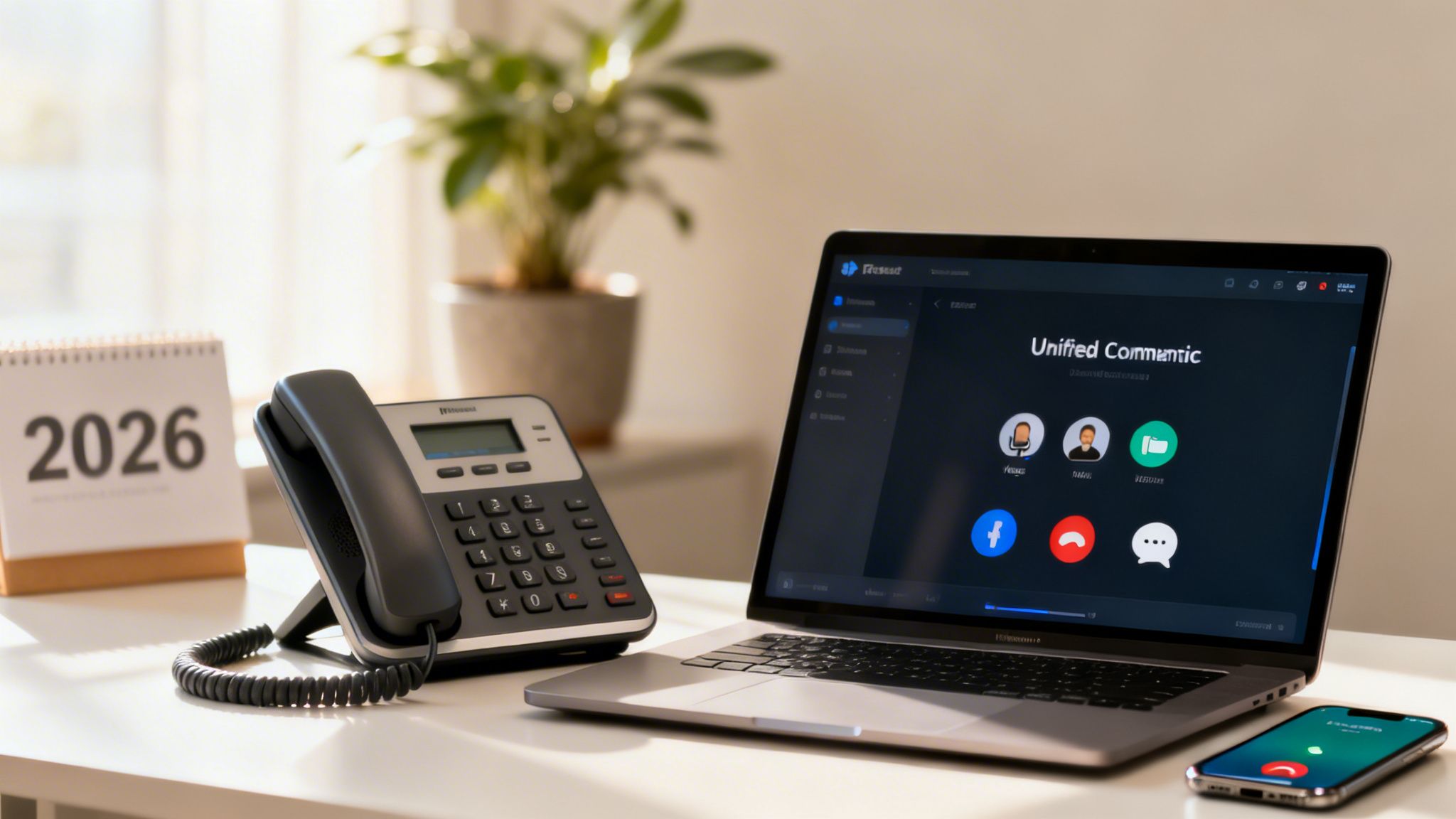 Modern office desk with a landline phone, laptop, and smartphone, highlighting unified communication.