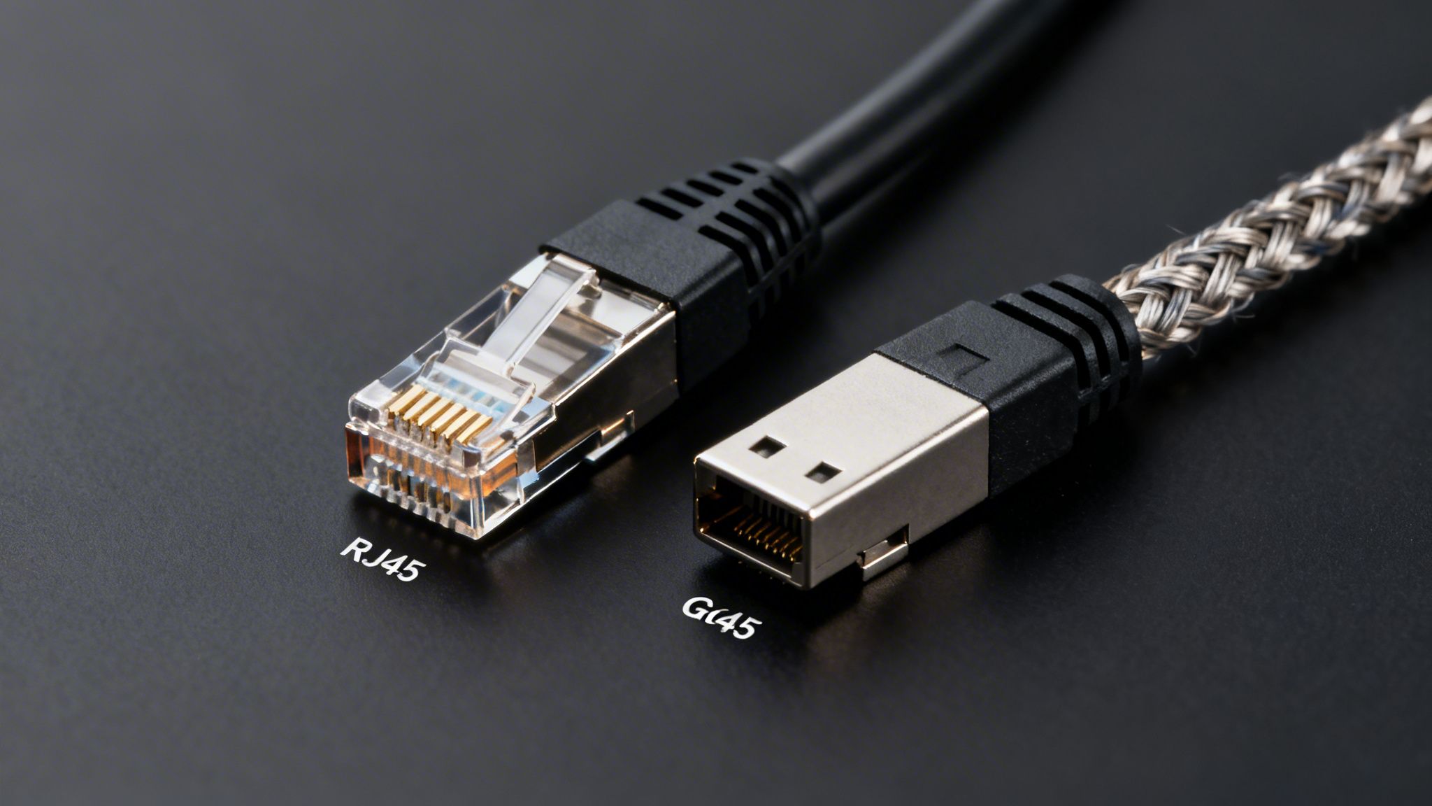 Close-up of an RJ45 Ethernet connector and a Gt45 connector with their cables on a dark background.