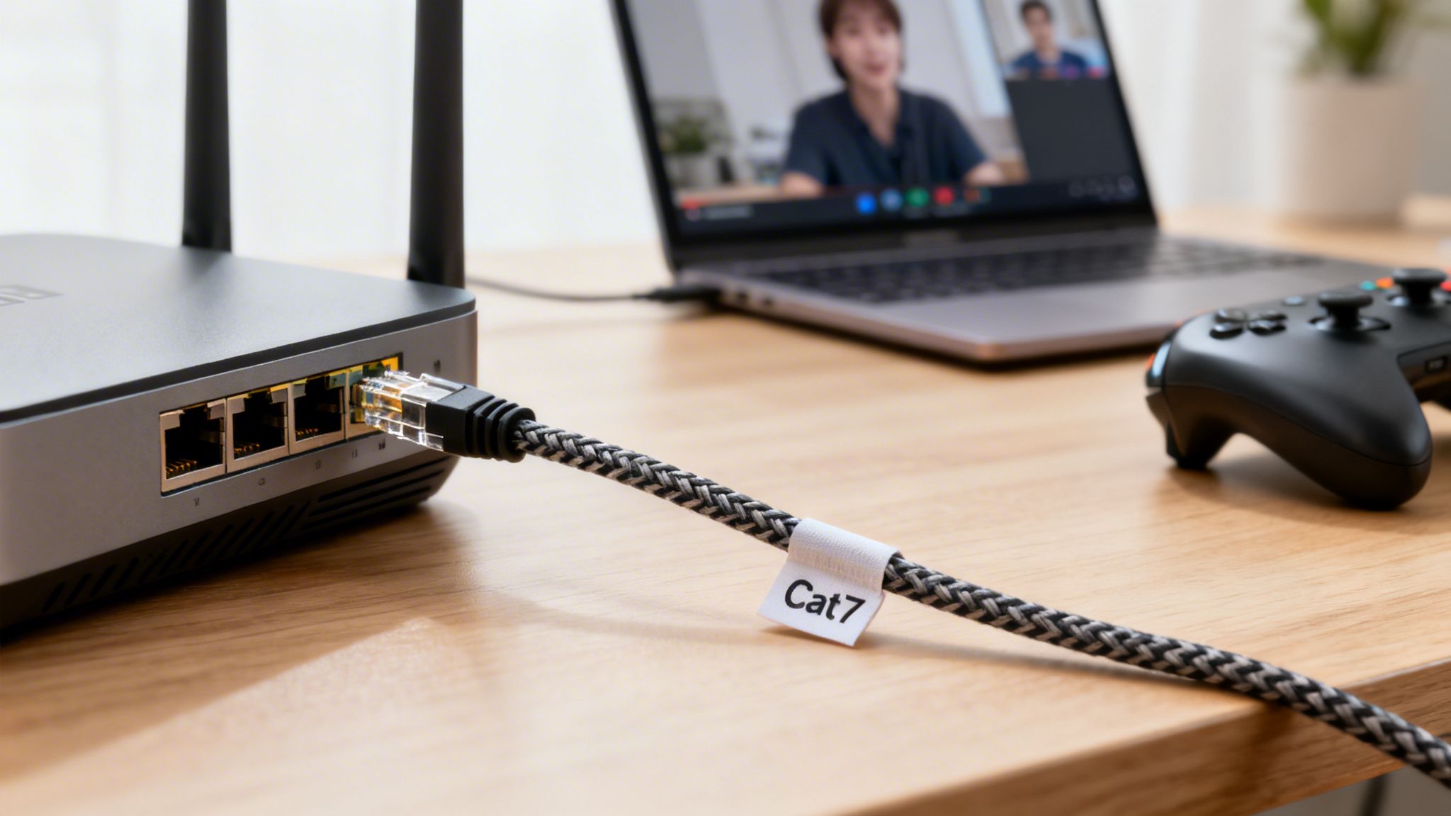 A close-up of a Cat7 Ethernet cable plugged into a router, with a laptop and game controller on a wooden desk.