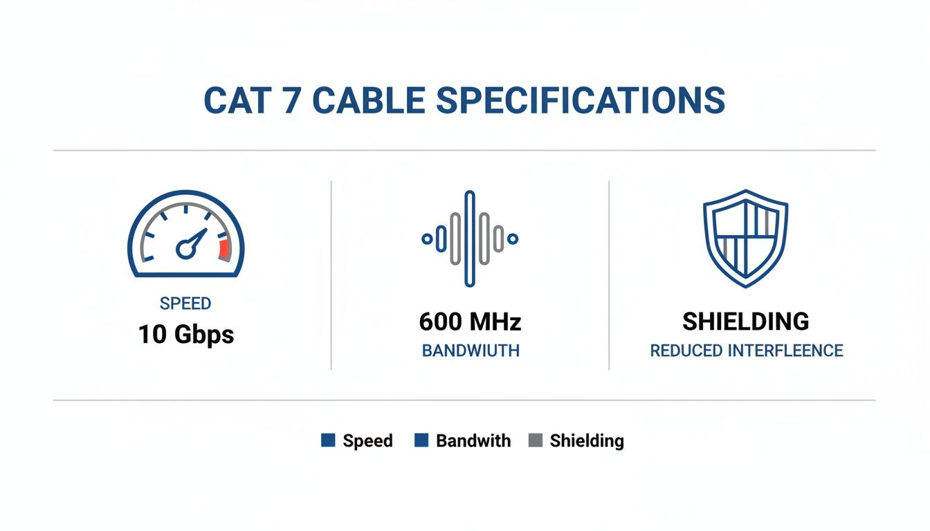 Cat 7 cable specifications infographic showing 10 Gbps speed, 600 MHz bandwidth, and shielding.