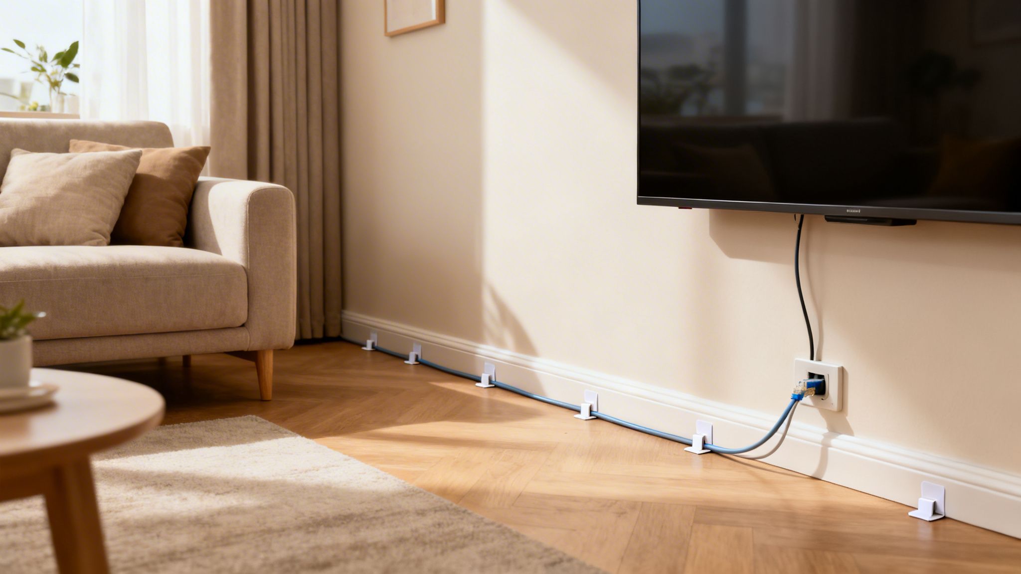 An organized living room featuring a TV, couch, and a blue internet cable neatly routed along the baseboard.