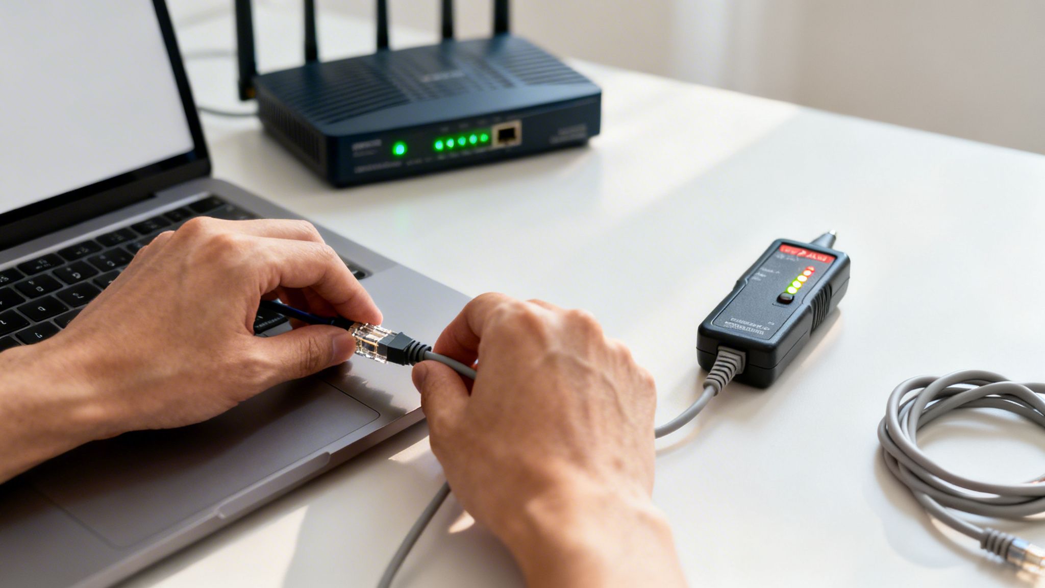 Person's hands connecting an Ethernet cable to a laptop with a network cable tester and router.