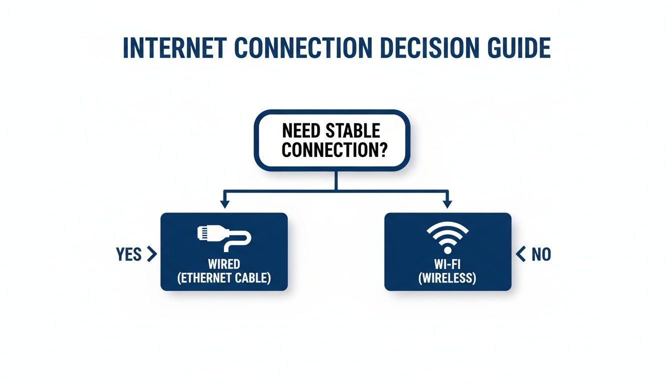 A decision guide flowchart for internet connection, recommending wired (Ethernet) for stability and Wi-Fi for less critical needs.