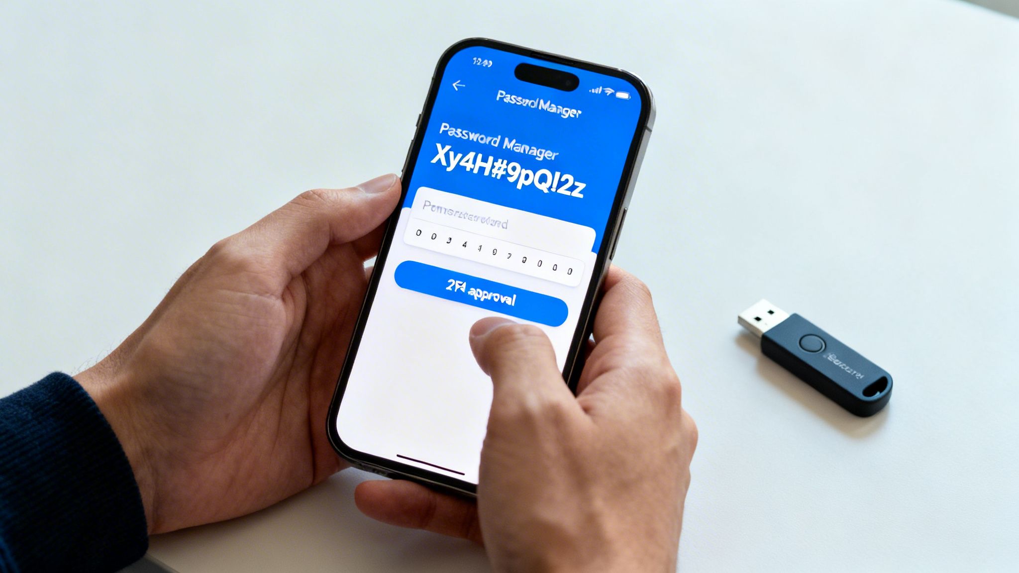 Hands hold a smartphone displaying a password manager, with a USB security key nearby, emphasizing digital security.