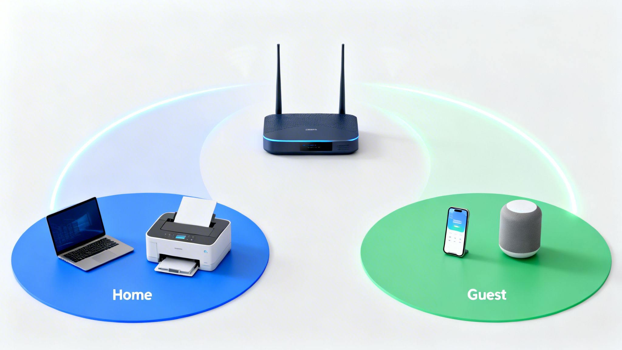 A router managing separate home and guest networks with connected devices like a laptop, printer, smartphone, and smart speaker.