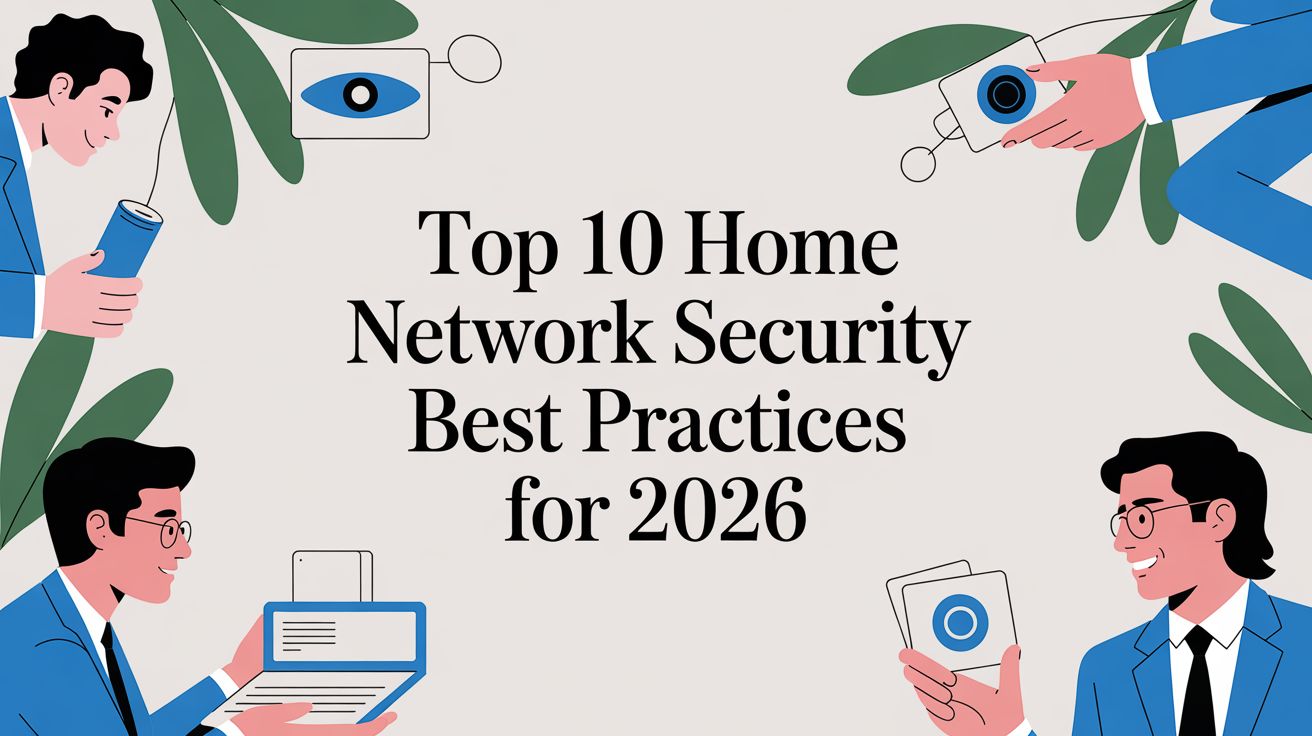 Illustration of four people in blue suits holding tech devices, surrounding text that reads: “Top 10 Home Network Security Best Practices for 2026” on a light background with green leaves.