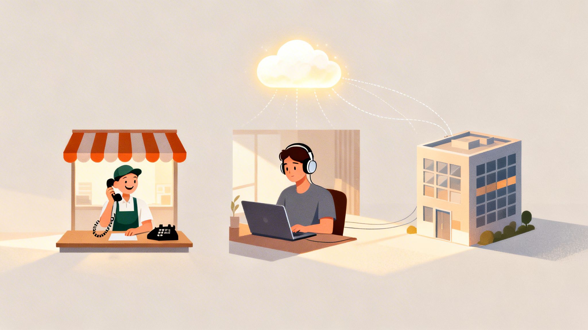 Cloud services connecting a person on a phone at a store to a remote worker with a laptop and an office building.