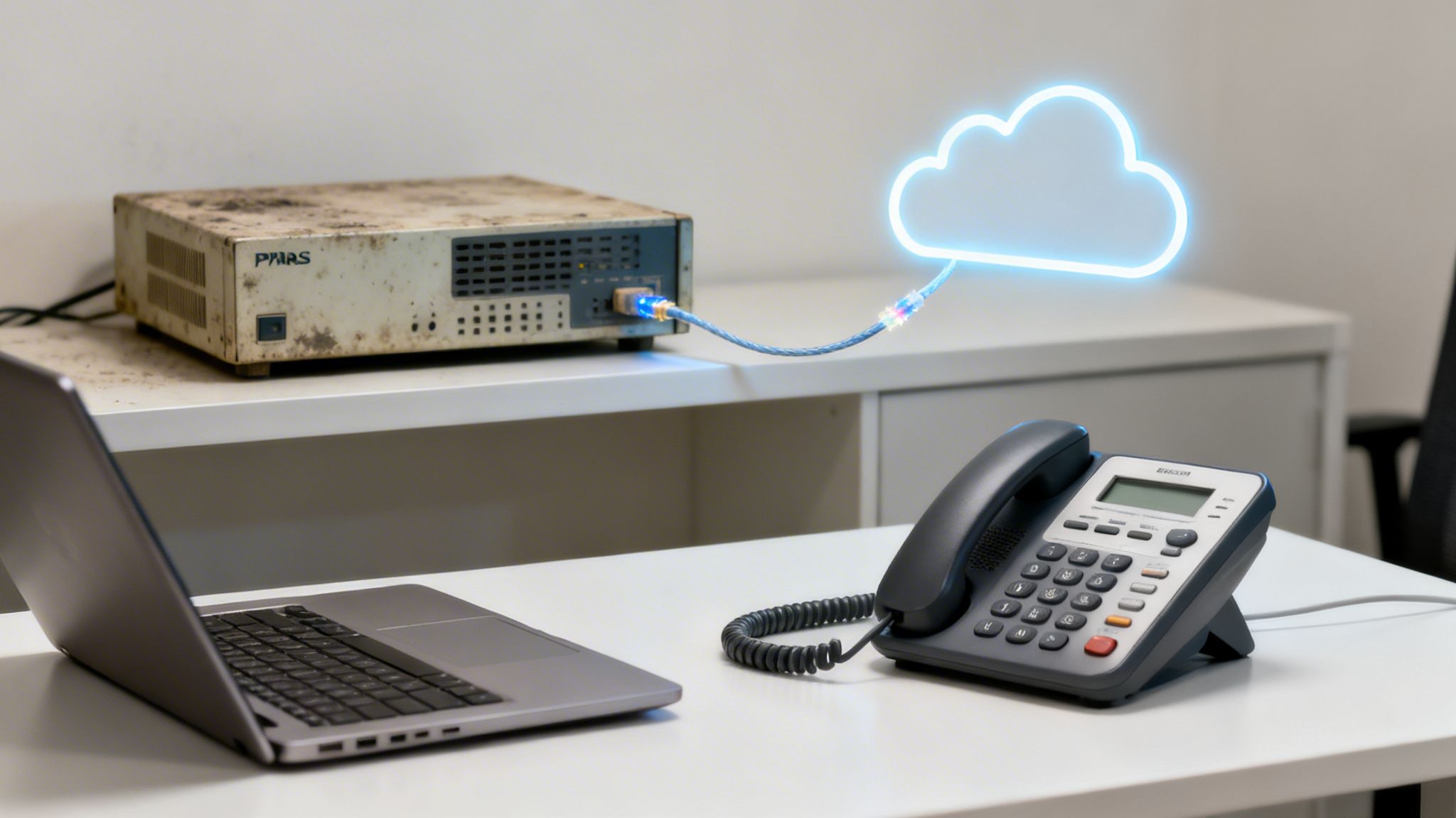 An old server connected to a glowing cloud icon, with a modern laptop and desk phone.