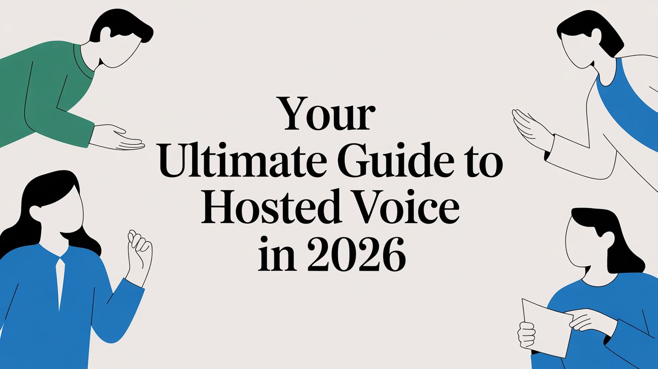 Four illustrated people in blue and green surround the centered text: Your Ultimate Guide to Hosted Voice in 2026 on a light background.