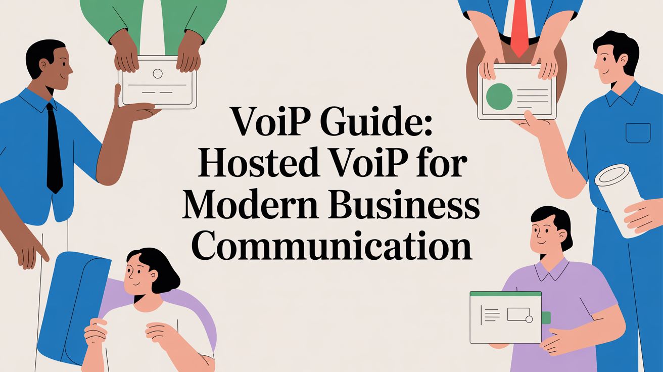 Illustration of four business people holding documents and devices, surrounding the text VoIP Guide: Hosted VoIP for Modern Business Communication on a beige background.