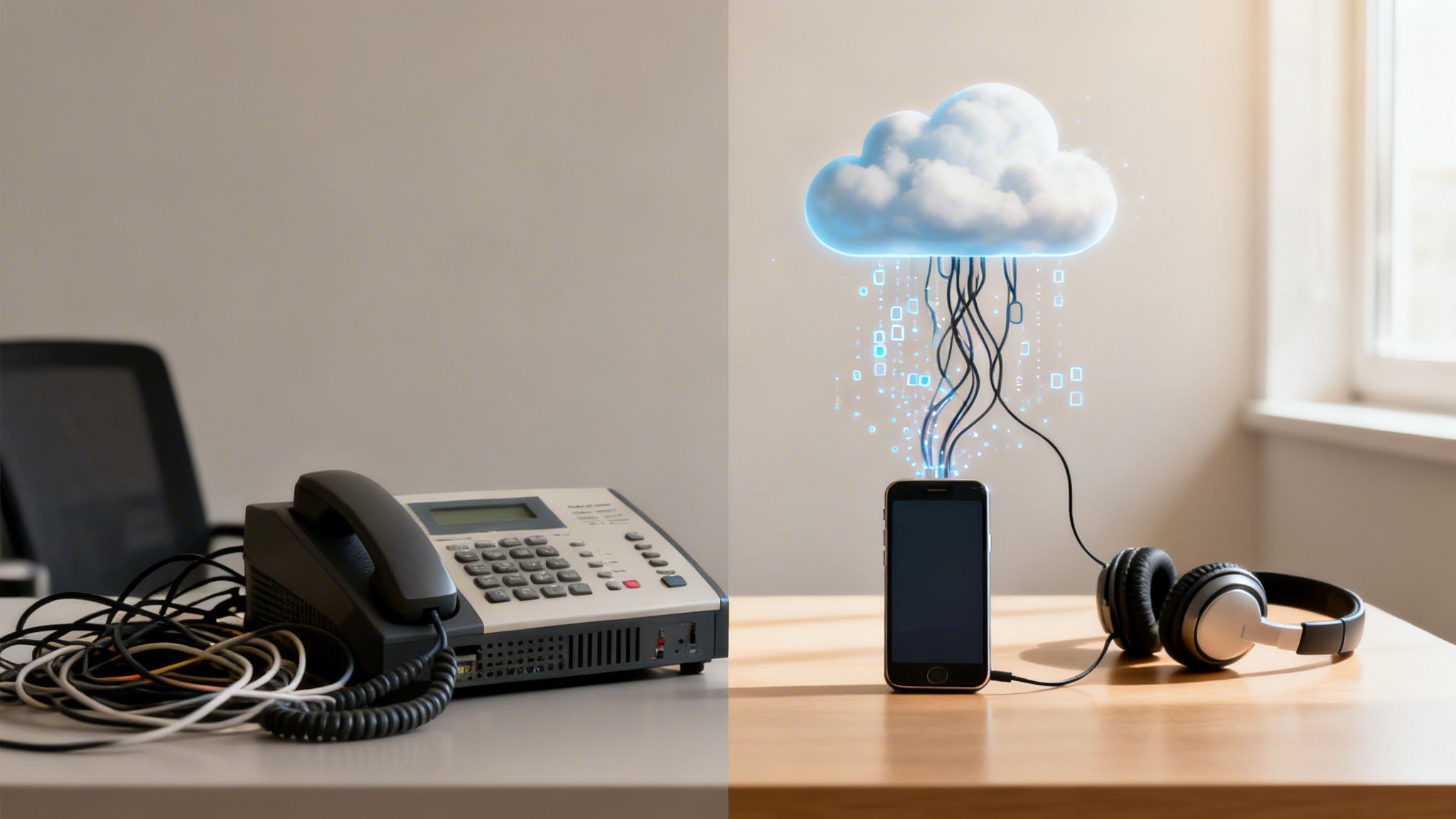 Old desk phone with tangled wires contrasted with a smartphone connected to a glowing cloud, symbolizing modern VoIP.