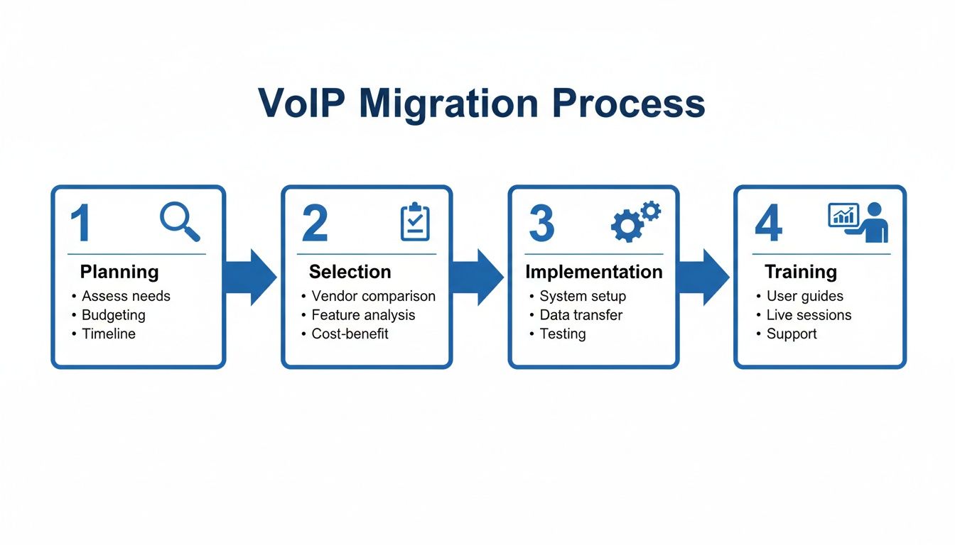 Flowchart illustrating the 4-step VoIP migration process: Planning, Selection, Implementation, and Training.