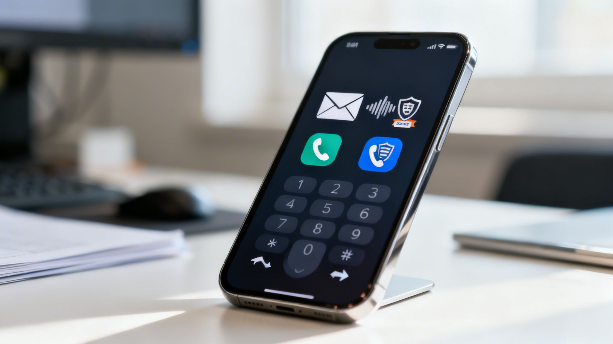 Smartphone displaying a secure communication app with a dial pad on an office desk.