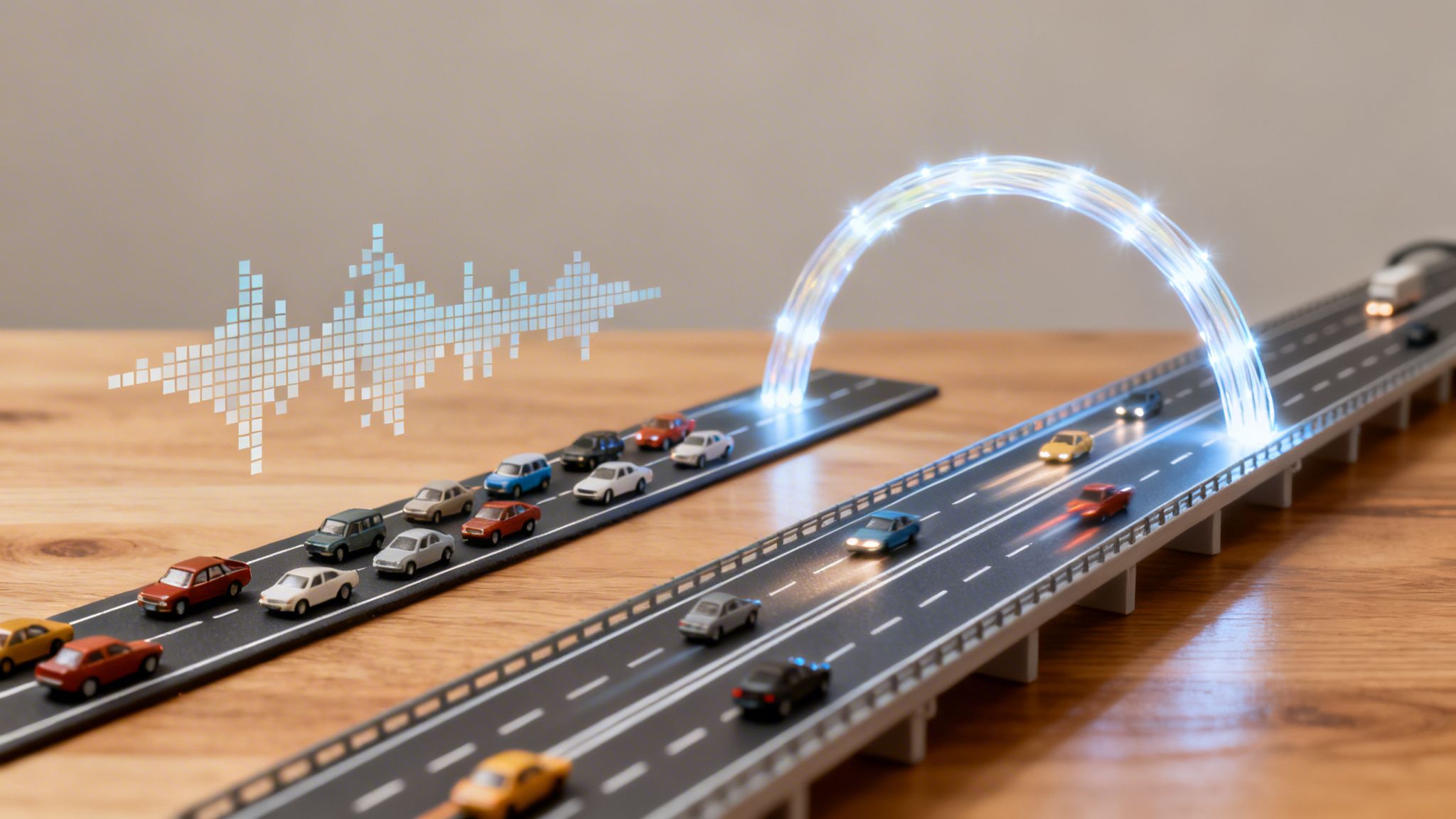 Miniature roads depicting heavy traffic merging onto an efficient highway with a glowing data transfer arch.