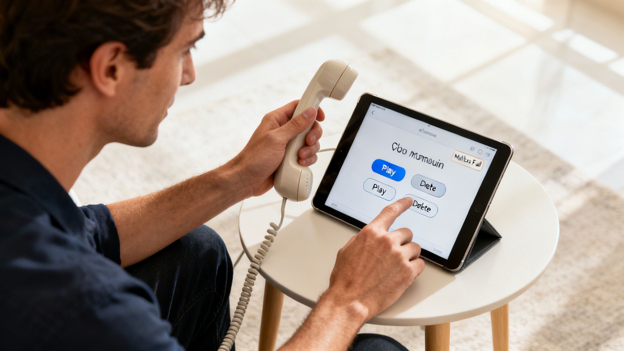 A man checks voicemail on a tablet, holding a retro phone receiver, in a bright room.