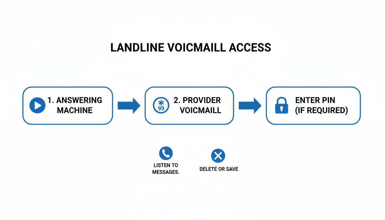 A flowchart detailing the process for accessing landline voicemail, from answering machine to message management.
