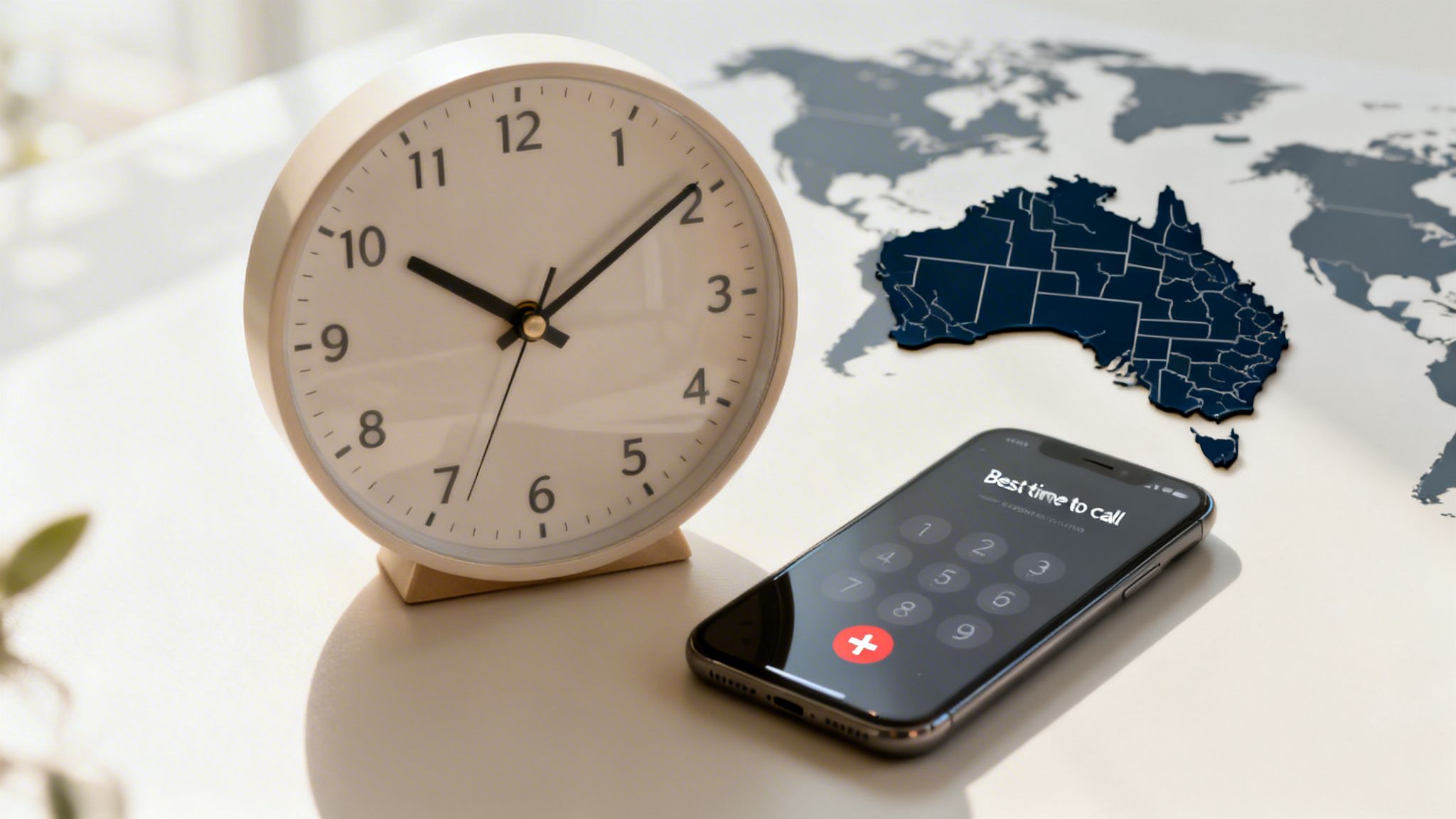 An analog clock, smartphone displaying 'Best time to call,' and a map of Australia on a world map, symbolizing international calling.