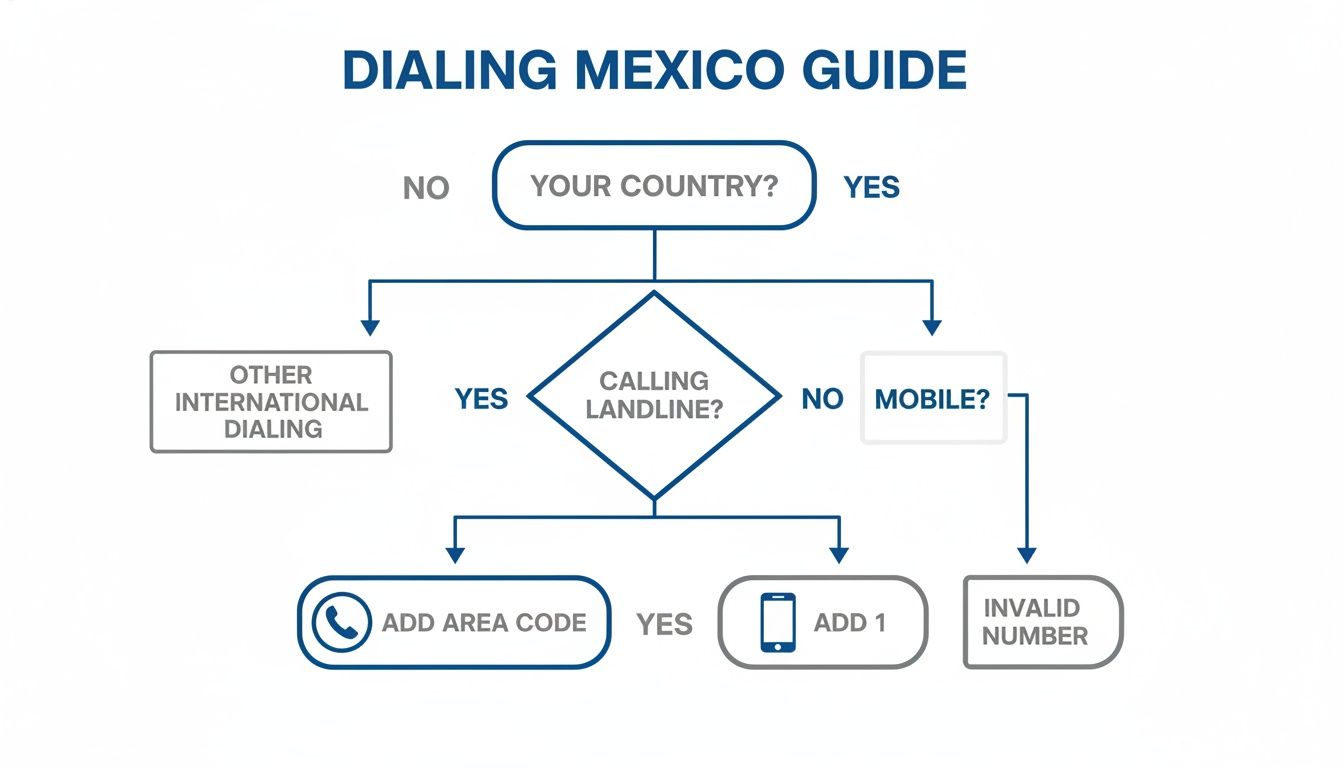 Flowchart guiding users on how to dial Mexico numbers based on origin country and type of call.