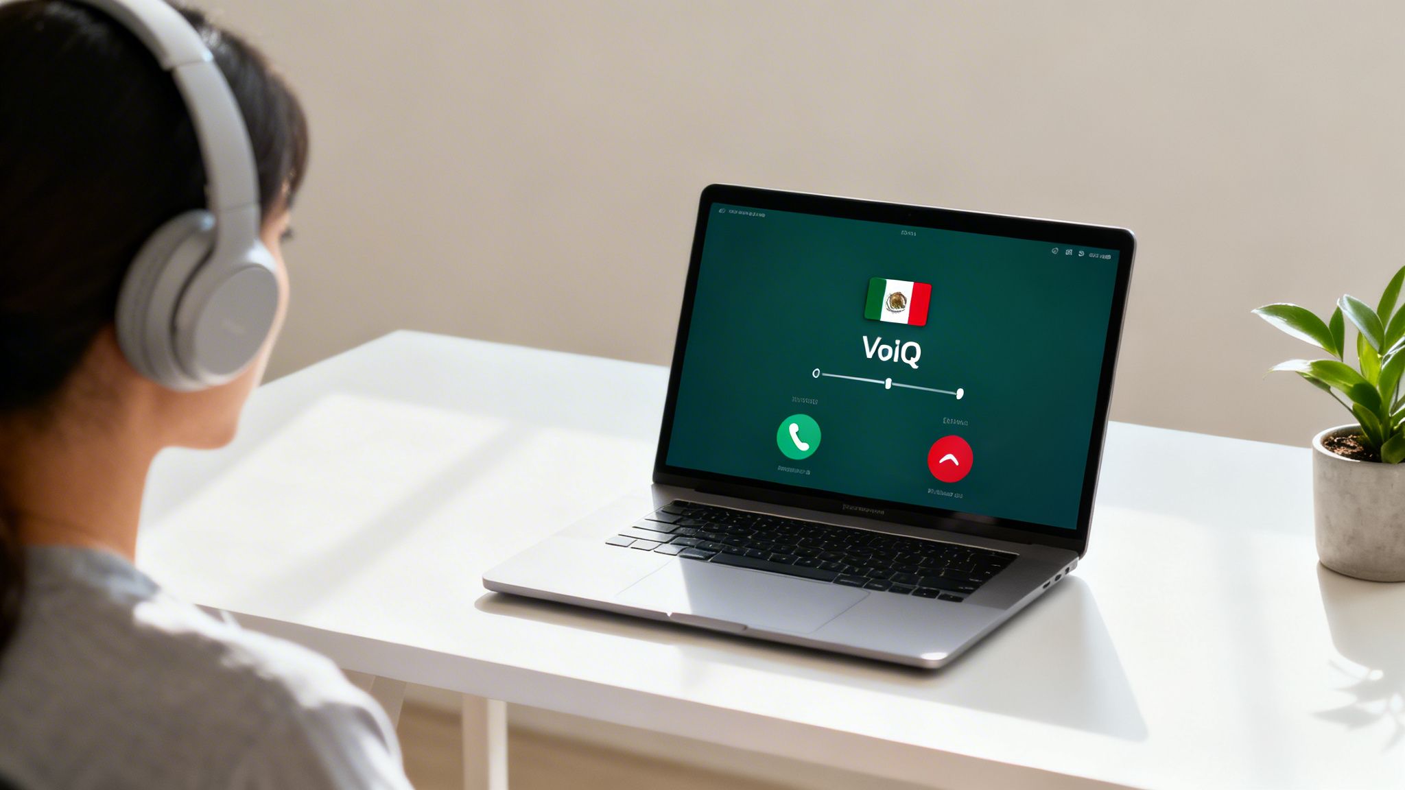Person wearing headphones intently viewing a laptop screen showing a VoiQ call from Mexico.