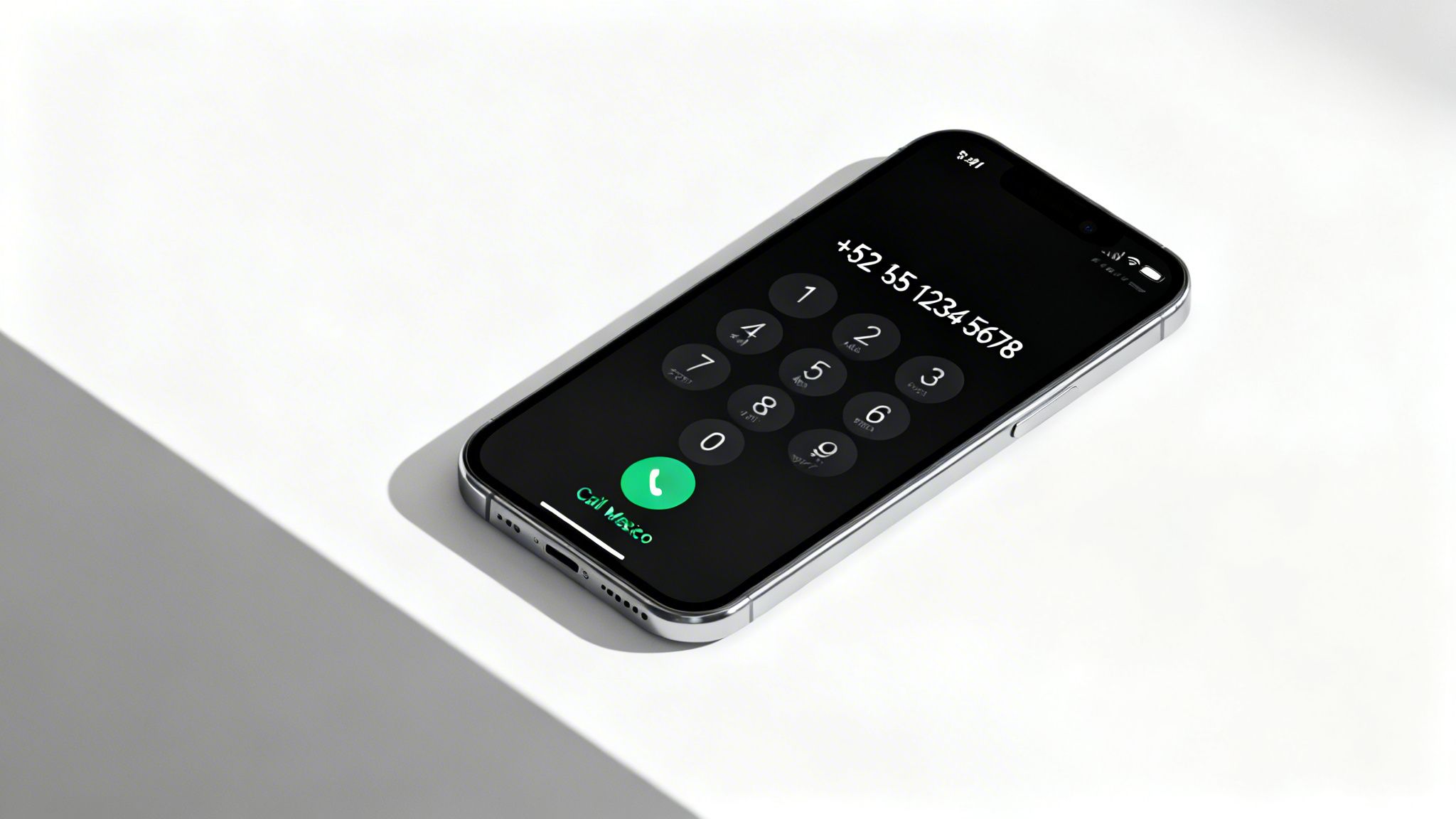A smartphone displaying a phone dialer with a Mexican number and 'Call Mexico' button.