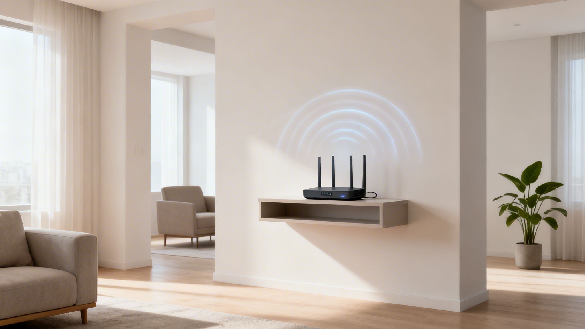 A black internet router on a modern floating shelf emitting blue Wi-Fi signals in a bright living room.