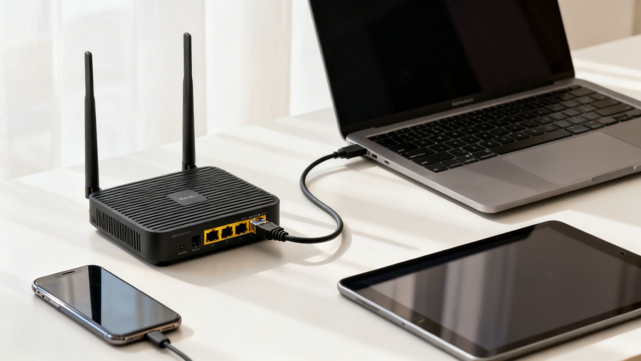 A black internet router connected to a silver laptop on a white desk with a smartphone and tablet.