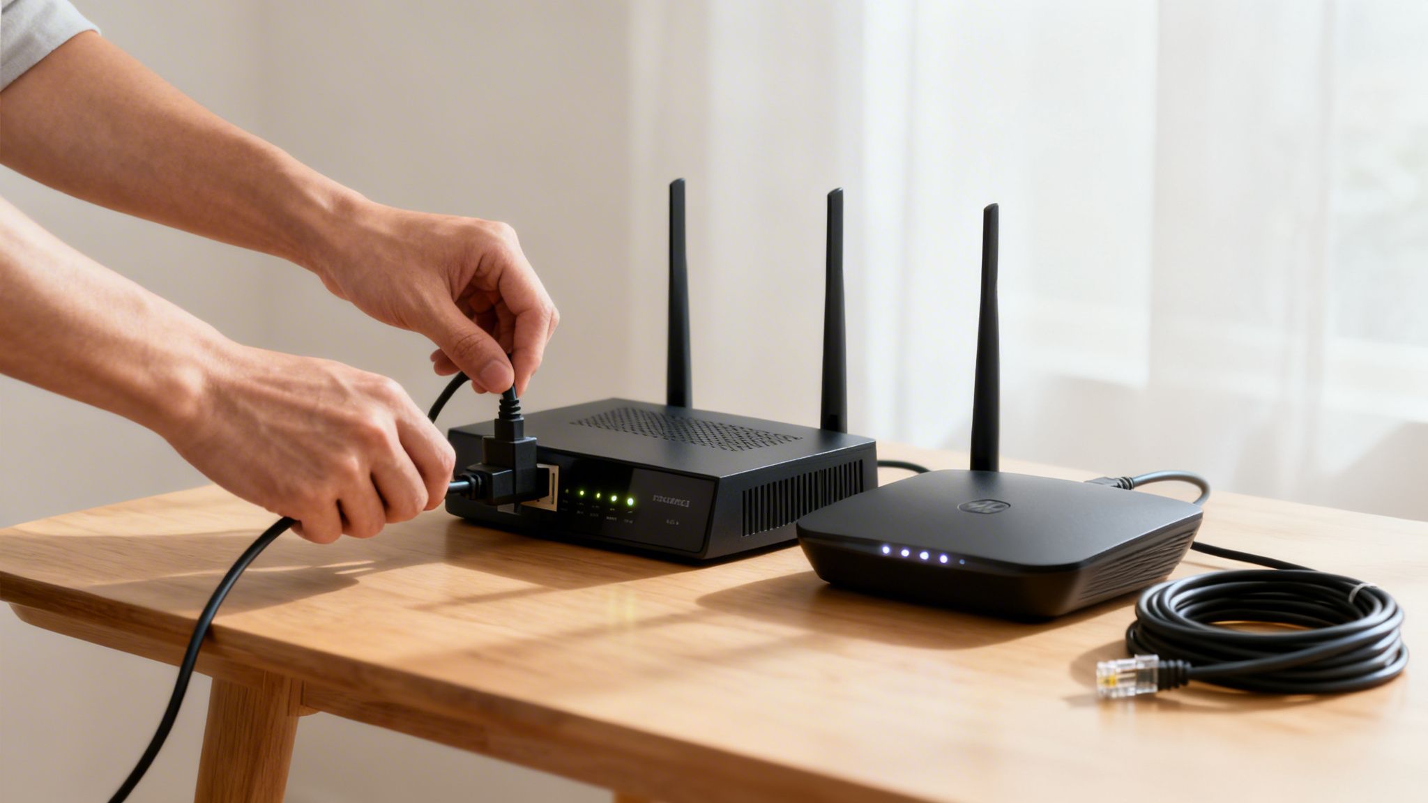 Hands connecting a power cable to a black router on a wooden table, next to another network device.