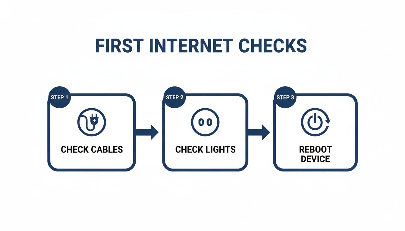Visual guide detailing three first steps to troubleshoot internet connection issues: check cables, lights, and reboot device.
