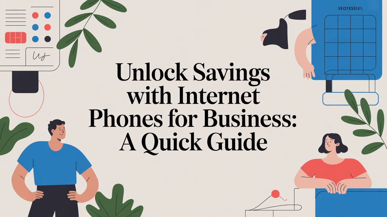 Illustration with people working at desks, plants, and office items surrounding bold text: “Unlock Savings with Internet Phones for Business: A Quick Guide.”.