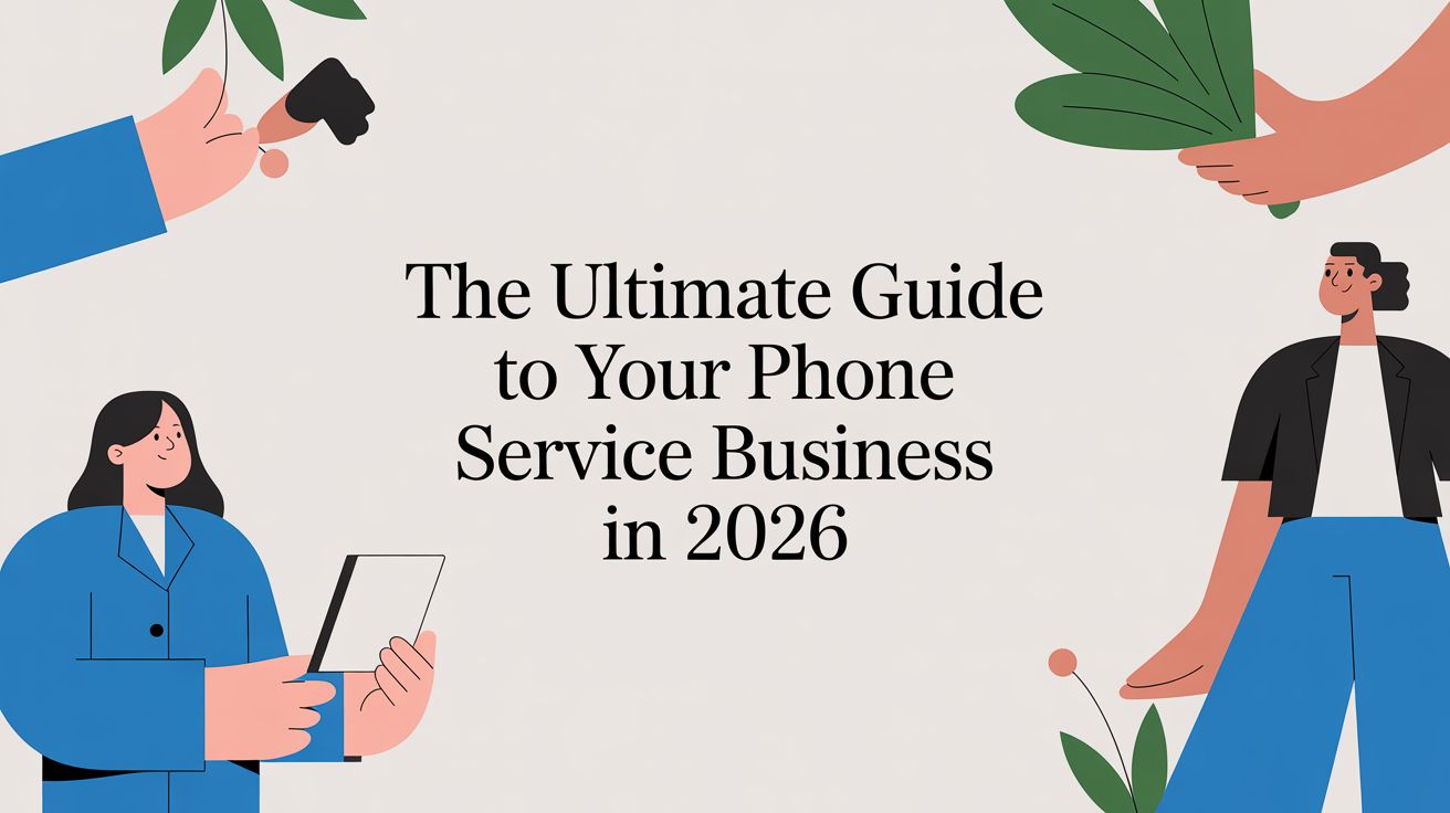 Illustrated people holding phones, leaves, and a clipboard surround the text The Ultimate Guide to Your Phone Service Business in 2026 on a light background.
