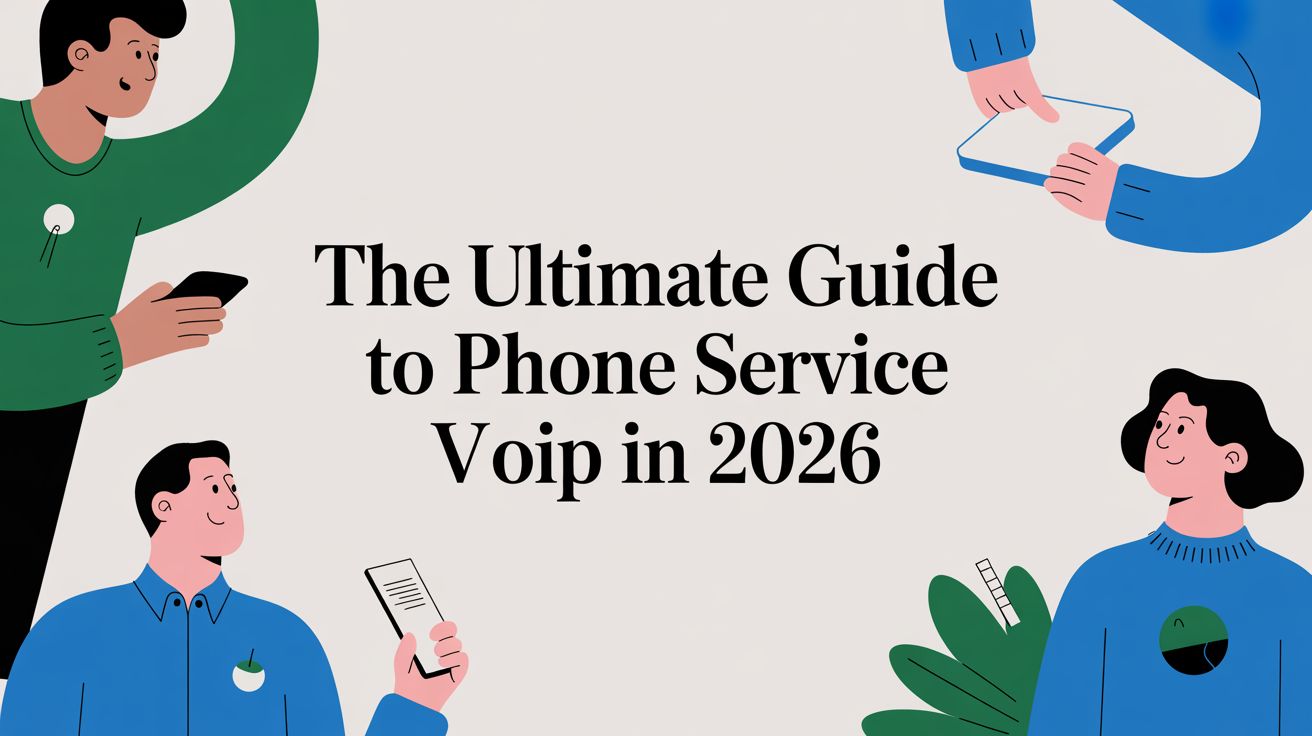 Illustration of four people holding phones and tablets in the corners, with the text The Ultimate Guide to Phone Service VoIP in 2026 in bold letters centered on a light background.