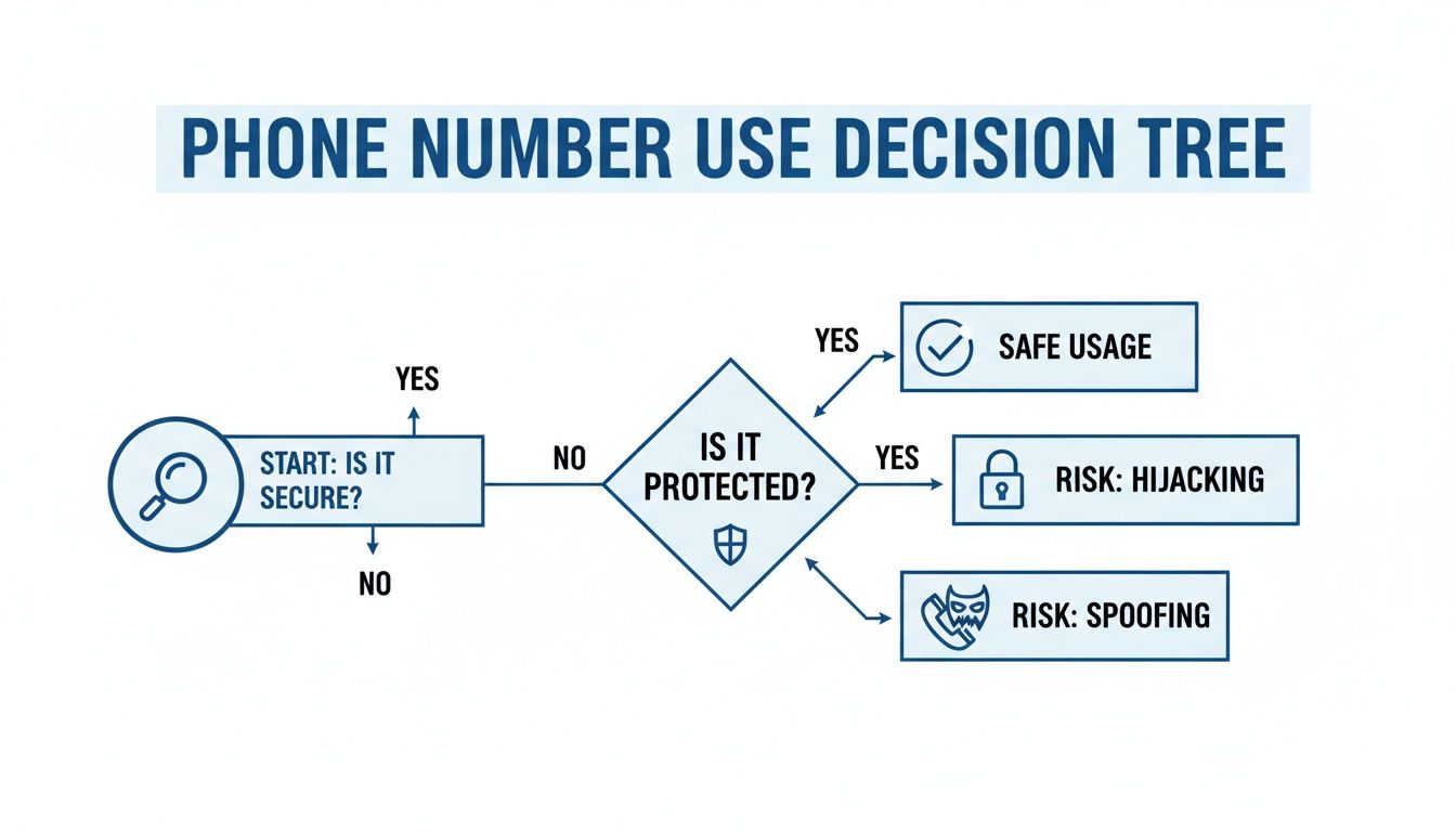 A phone number use decision tree flow chart asking if it is secure or protected, showing safe usage or risks.