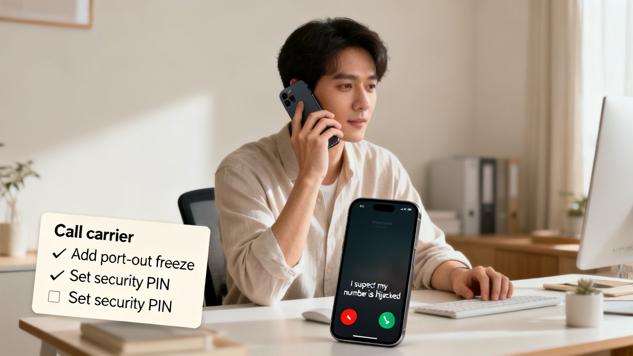 A man on the phone, looking concerned, with a checklist and a phone displaying 'I suspect my number is hijacked'.