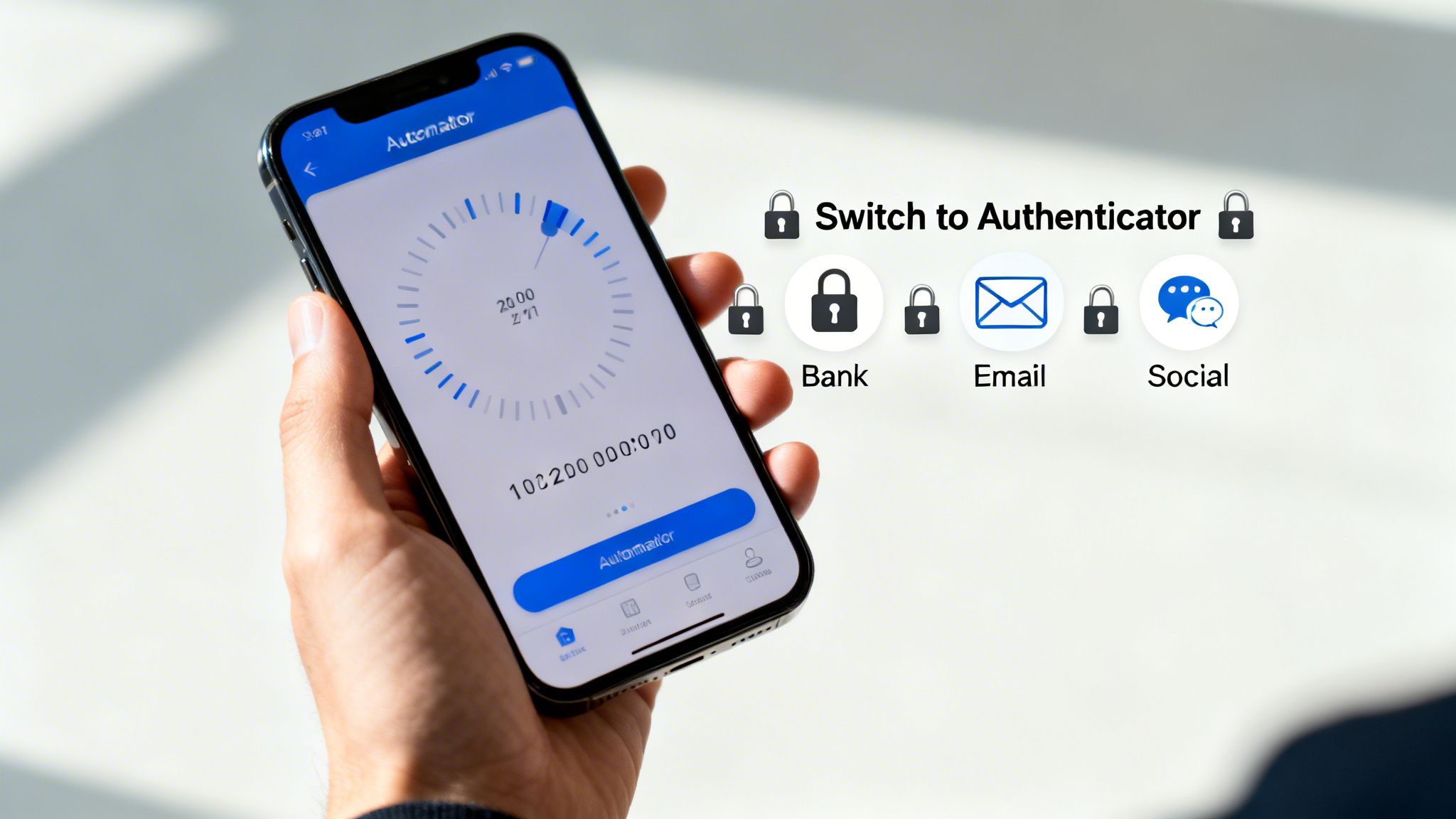 A hand holds a smartphone displaying an authenticator app with security options for bank, email, and social accounts.