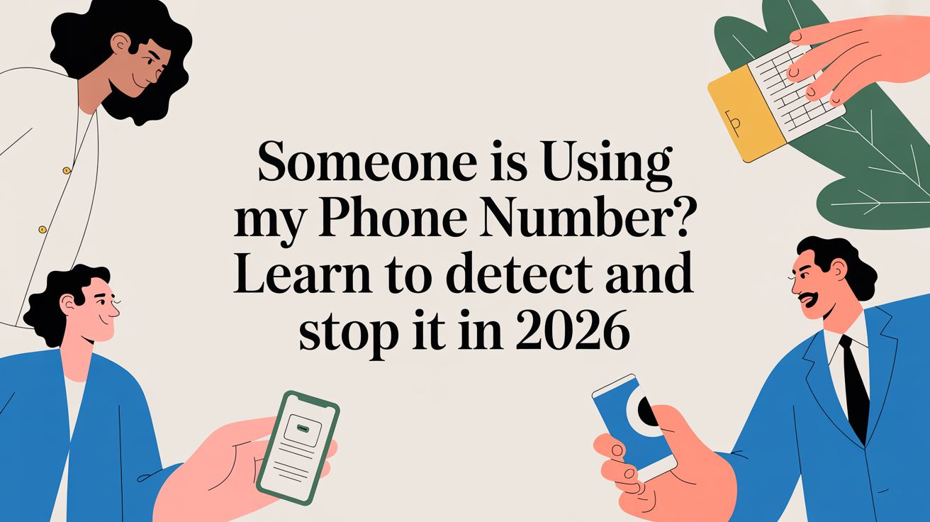 Illustration of four people holding smartphones or documents around large text that reads, “Someone is Using my Phone Number? Learn to detect and stop it in 2026.”.