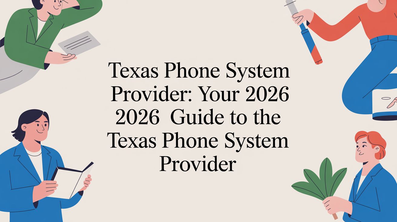 Illustrated people with office items surround the text Texas Phone System Provider: Your 2026 2026 Guide to the Texas Phone System Provider on a beige background.
