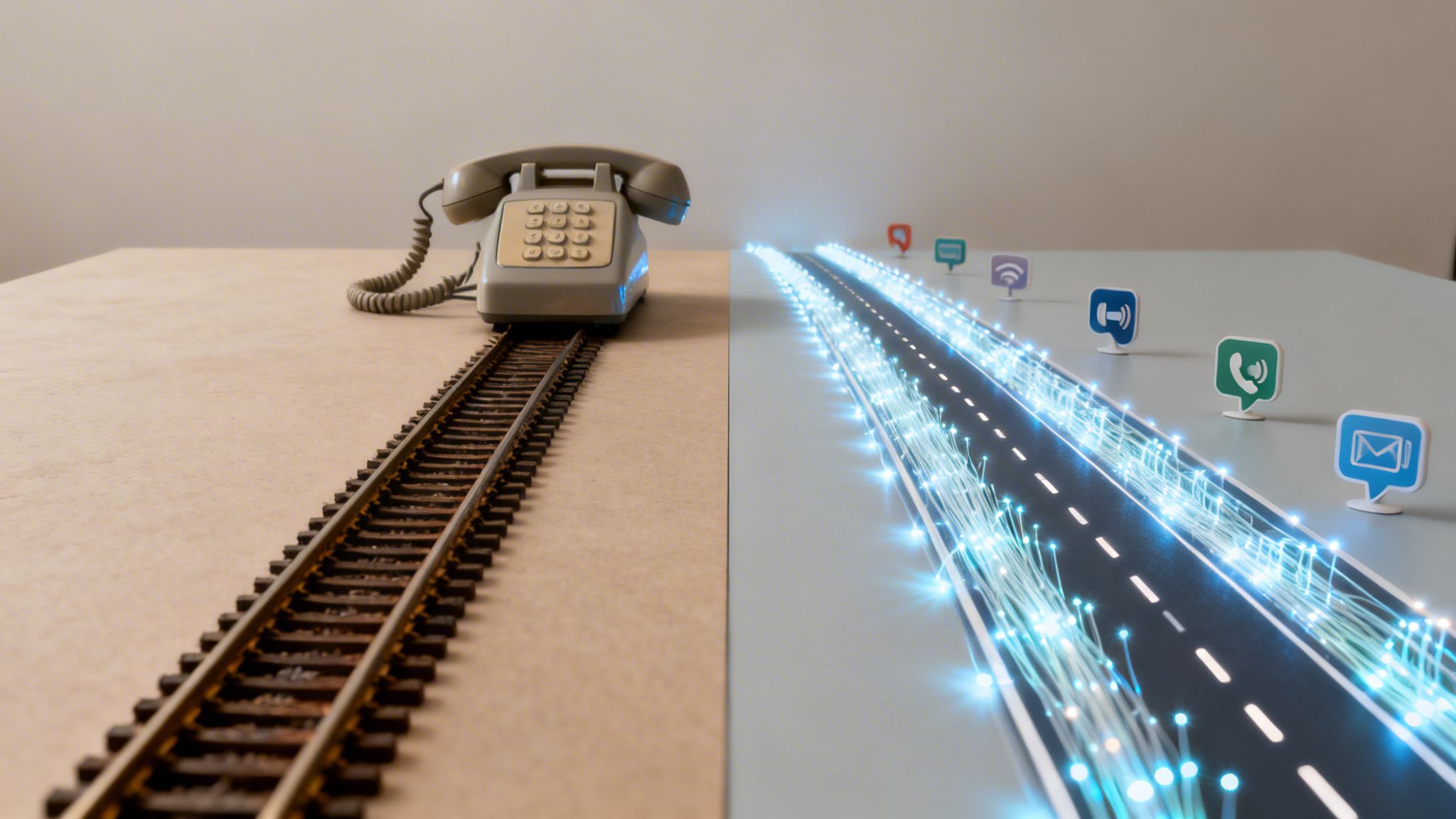 An old telephone on train tracks transitions to a modern road with glowing fiber optics and app icons.