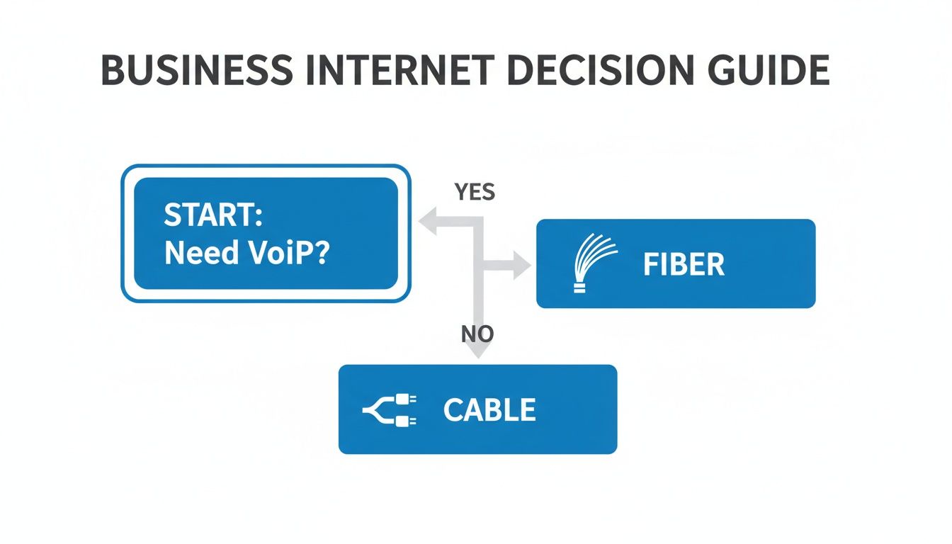 A business internet decision guide flowchart. Starting with 'Need VoIP?', Yes leads to Fiber, No leads to Cable.