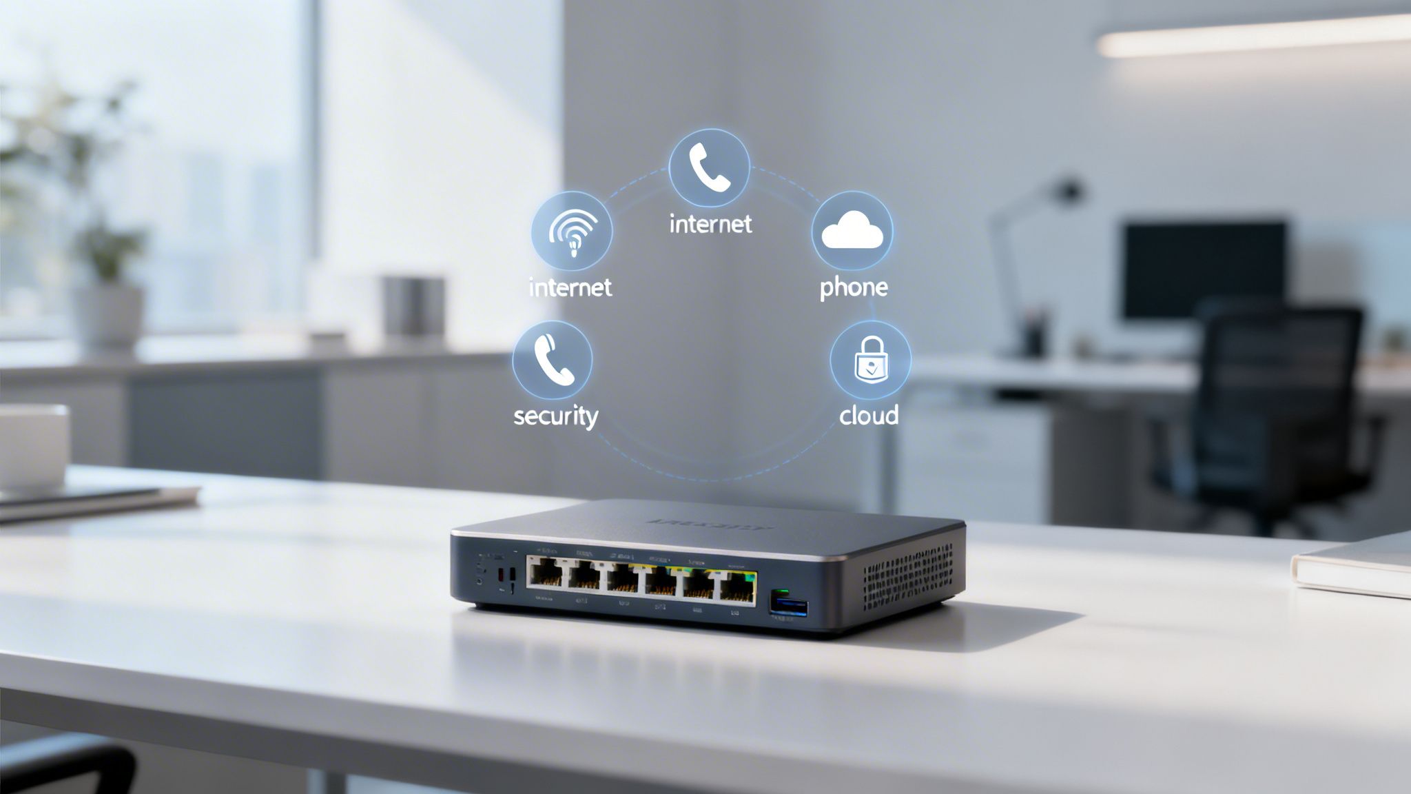 A network device on an office desk, illustrating internet, phone, security, and cloud services.