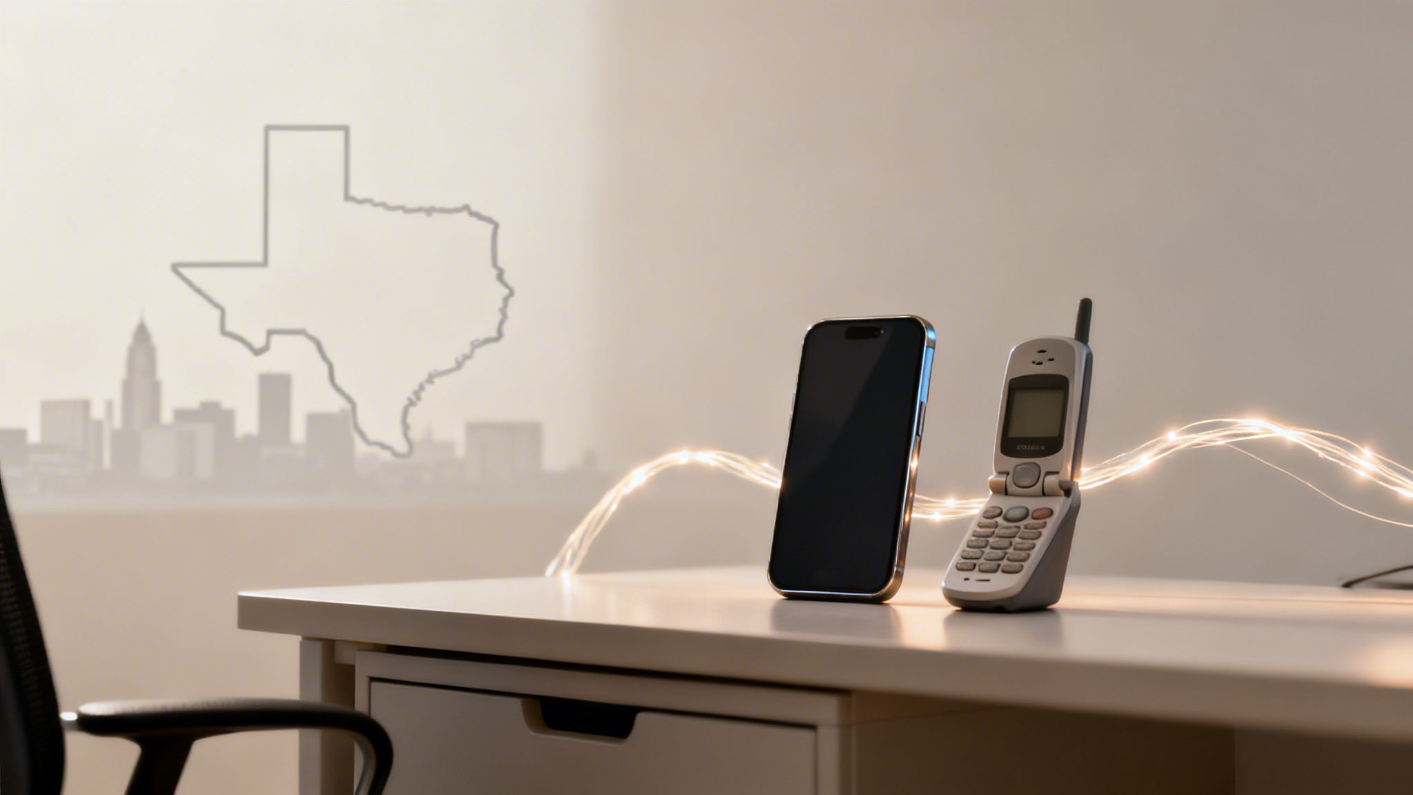 A modern smartphone and a vintage flip phone connected by glowing lines on a desk with a Texas backdrop.